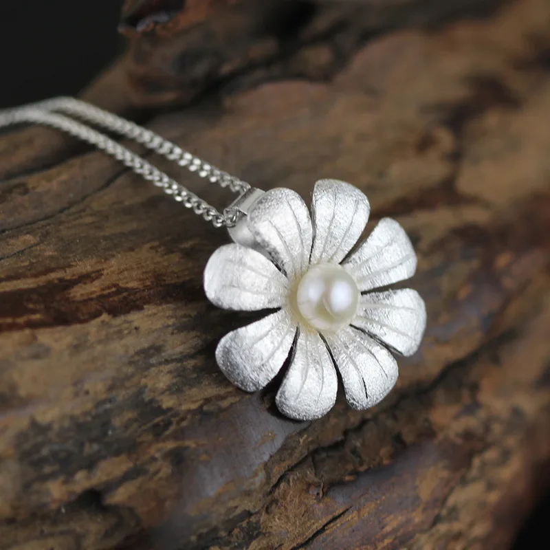 Natural freshwater pearl floral pendant three dimensional creative pendant in sterling 925 brushed silver hand made jewelry