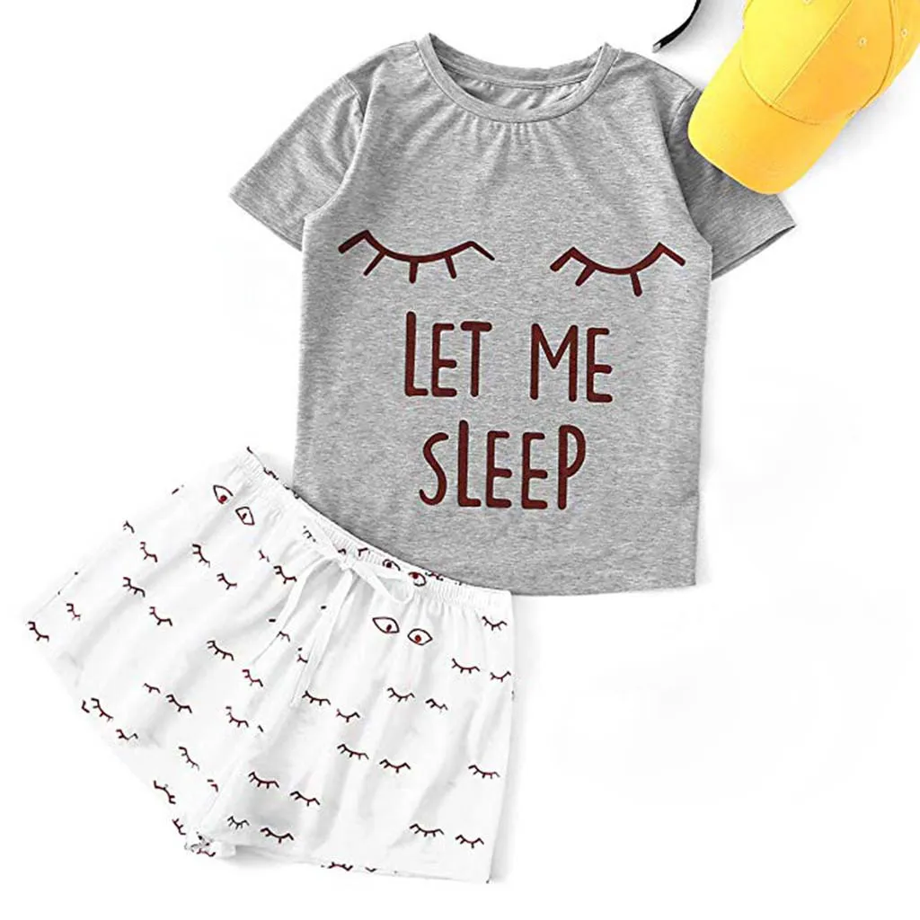 2 Piece Cute Set Women's Casual Shorts Short Sleeve Ruffled T-Shirt Casaul Sleepwear Nightwear Set With Cat Smile Print