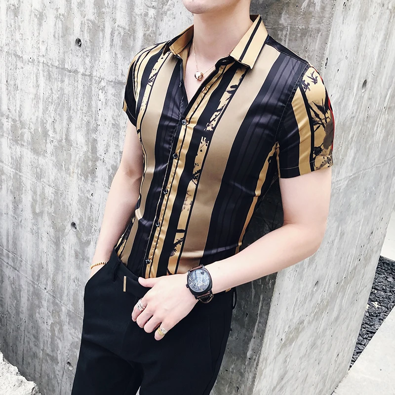 Achat Luxe Or Noir Chemise 2018 Été À Manches Courtes Mode Designer Party Club De Soirée De Bal Chemise Stylé Or Mince Chemises Pour hommes