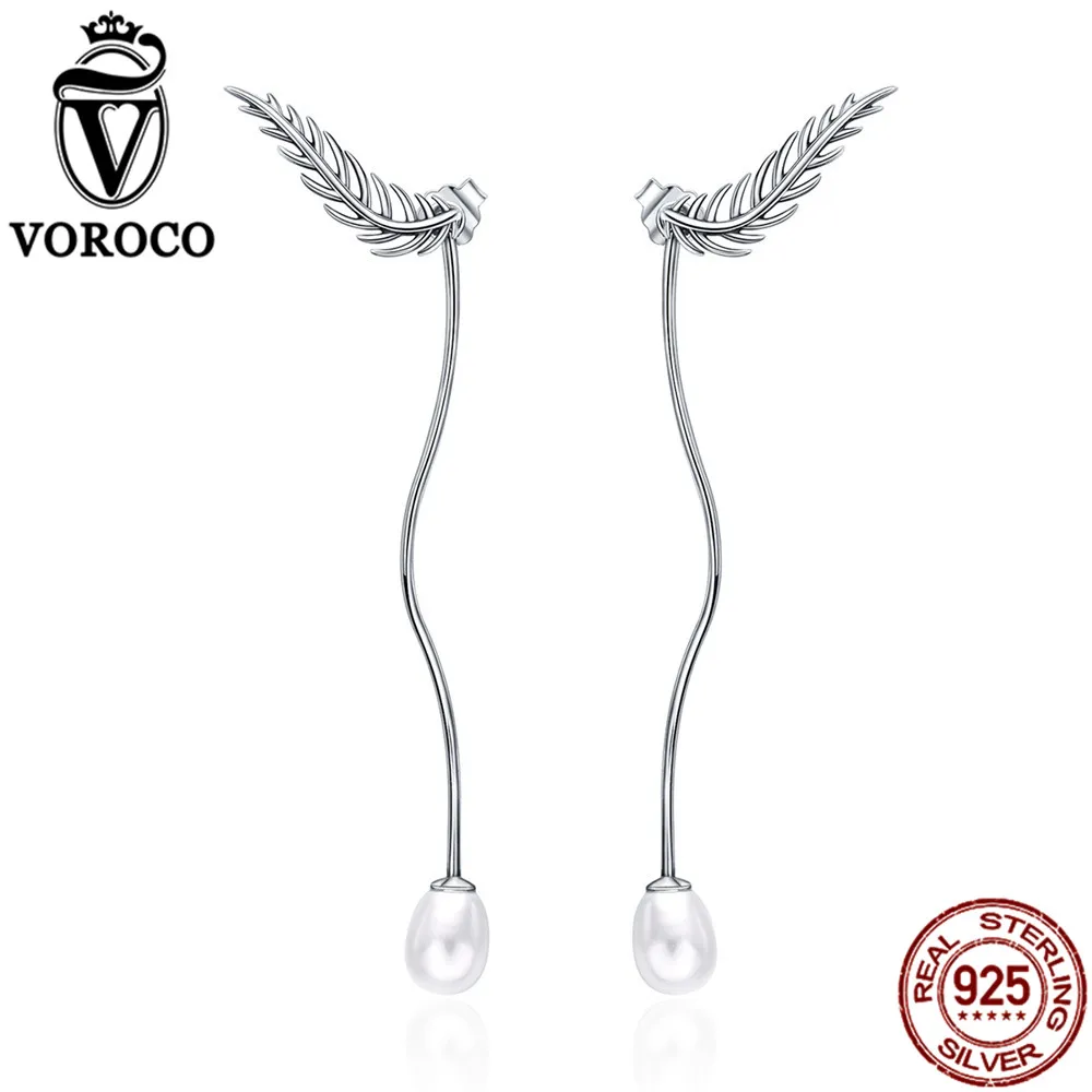 Voroco 100% Pure 925 стерлингового серебра двойной пресноводного жемчуга листьев длинные