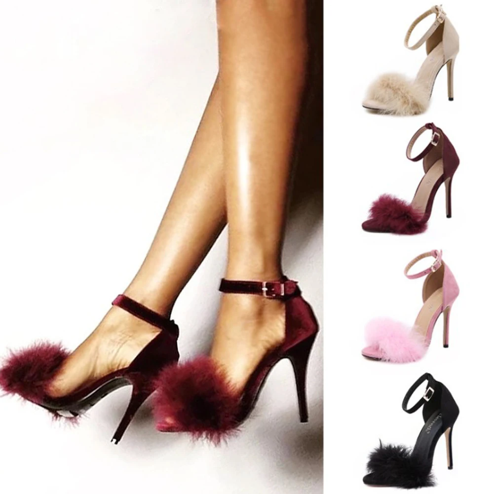 

2019 New Fashion Women High Heel Stilettos Spring Summer Fur Feather Hairy Sandals Ladies Pumps Bridesmaid Bridal Wedding Shoes