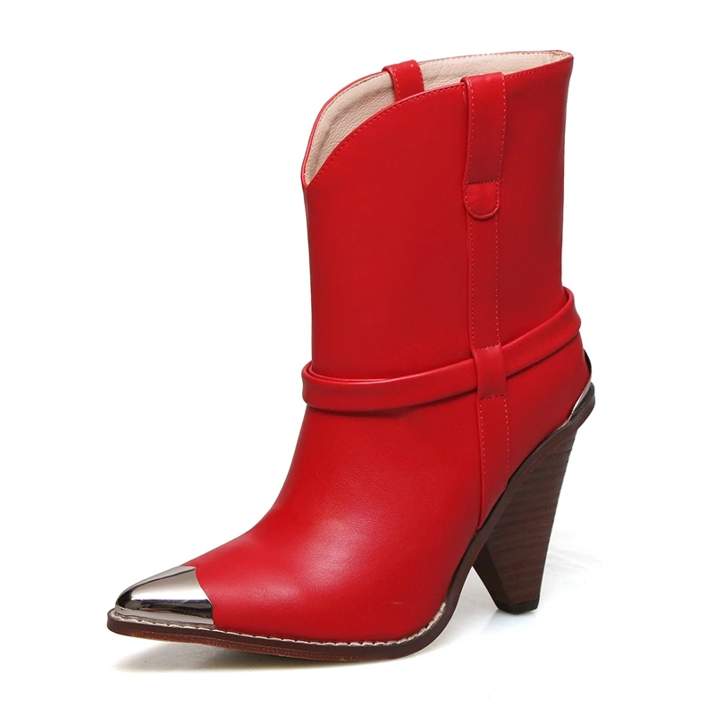 Шикарные кожаные ботильоны; сезон весна-осень; женские ботинки на необычном высоком каблуке с острым металлическим носком и кисточками; женские модные ковбойские ботинки - Цвет: Красный