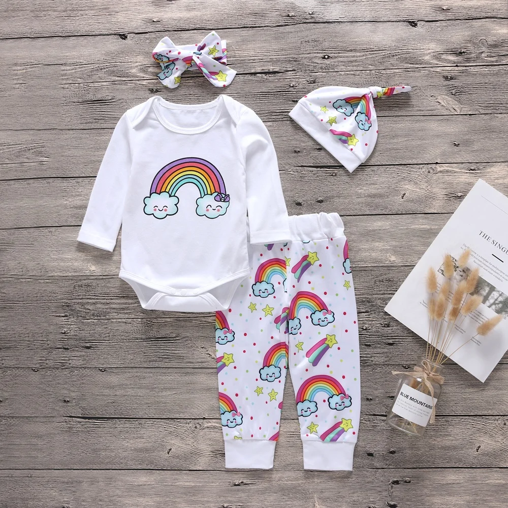 

Autumn Winter Children Clothes Set Newborn Baby Girl Boy Clothes Long Sleeve RAINBOW Tops+Pants Hat Bow Headband 4pcs Outfit Set