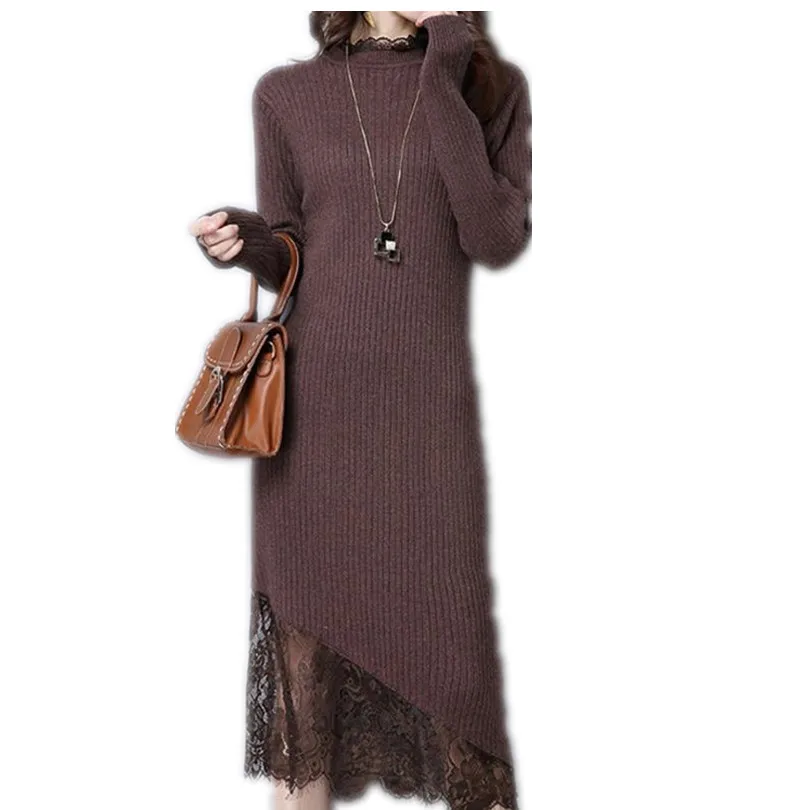 Длинный свитер платье кружева стрейч Женский осень зима с длинными рукавами платье