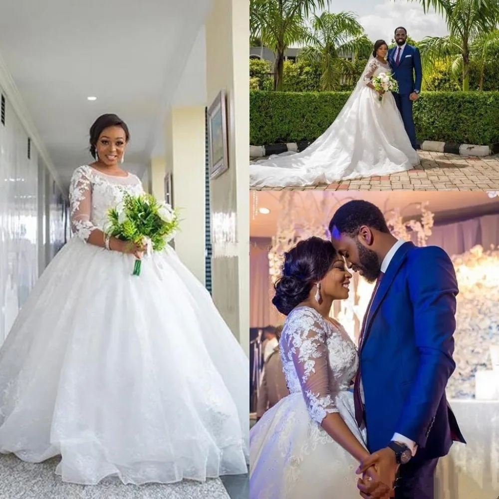 

African Plus Size Wedding Dresses 3/4 Sleeves Lace Appliques South Arabic Gown Ball Custom Long Train Bridal Gowns