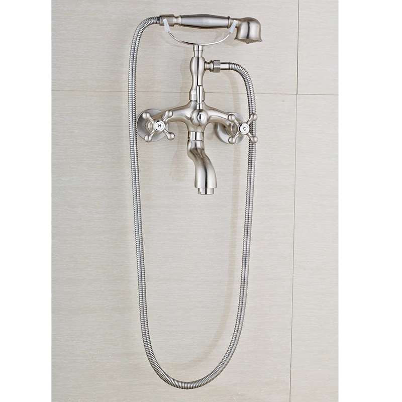 

Modern Shower Tub Faucet Brushed Nickle Spout Dual Handles With Tele Hand Shower