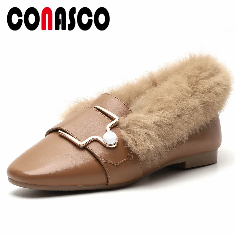 

CONASCO Fashion Metal Buckles Med Heels Fur Autumn Winter Party Wedding Shoes Woman Genuine Leather Square Toe Prom Pumps