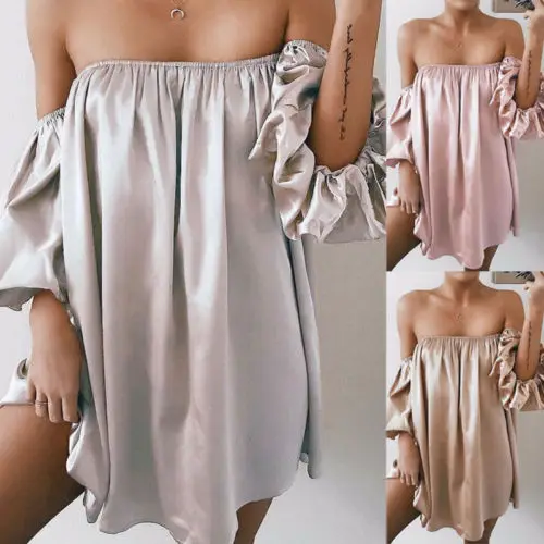 

Summer Women Off Shoulder Short Sleeve Dresses Club ulzzang Party Mini Dress Summer Casual Silk Plain Sundress New Fashion