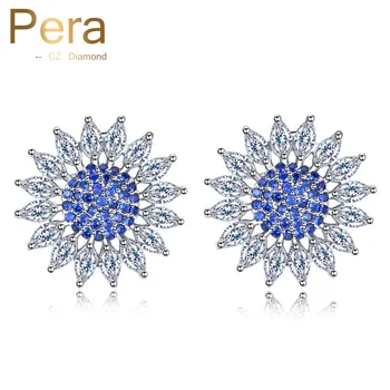 

Pera New Korean Style Fashion Ladies Big Sun Flower Cubic Zirconia Royal Blue Ear Stud Earrings For Women Party Jewelry E335