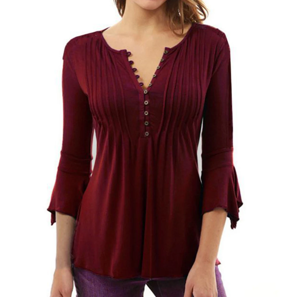 Women Blouse Autumn Casual Tops Femme Solid Pleated Seven-quarter Sleeve Clothing For Ladies 2019 A
