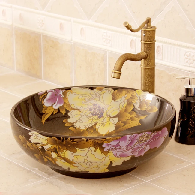 

Ceramic Sinks Counter Top Wash Basin Europe Vintage Style Bathroom Sink wash basin vanities peony