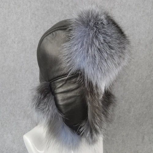 sliver fox fur Ветрозащитная шапка-бомбер из натурального Лисьего меха для русской зимы, теплая мягкая пушистая шапка из меха лисы, мужские качественные шапки из натуральной кожи - Цвет: sliver fox fur