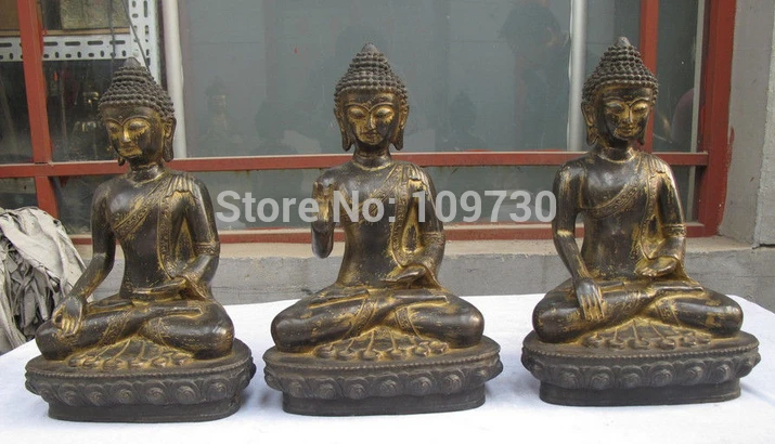 

002966 15.5"Tibet Mahayana Buddhism Vintage Bronze Three Shakyamuni Buddha Statue set