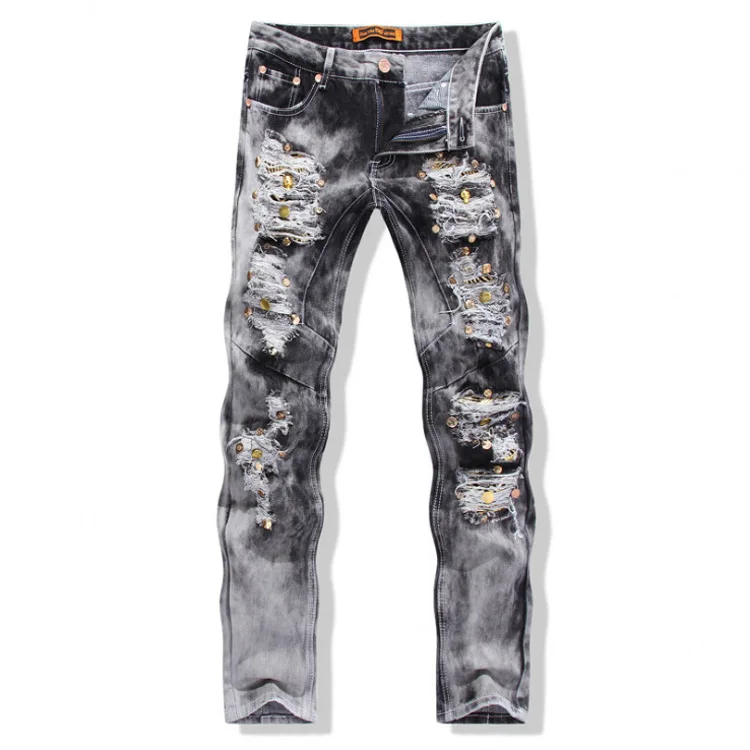 New Classic Black Retro Holes Badge Biker Jeans Men Fashion Brand Cotton Slim Trousers Designer Split