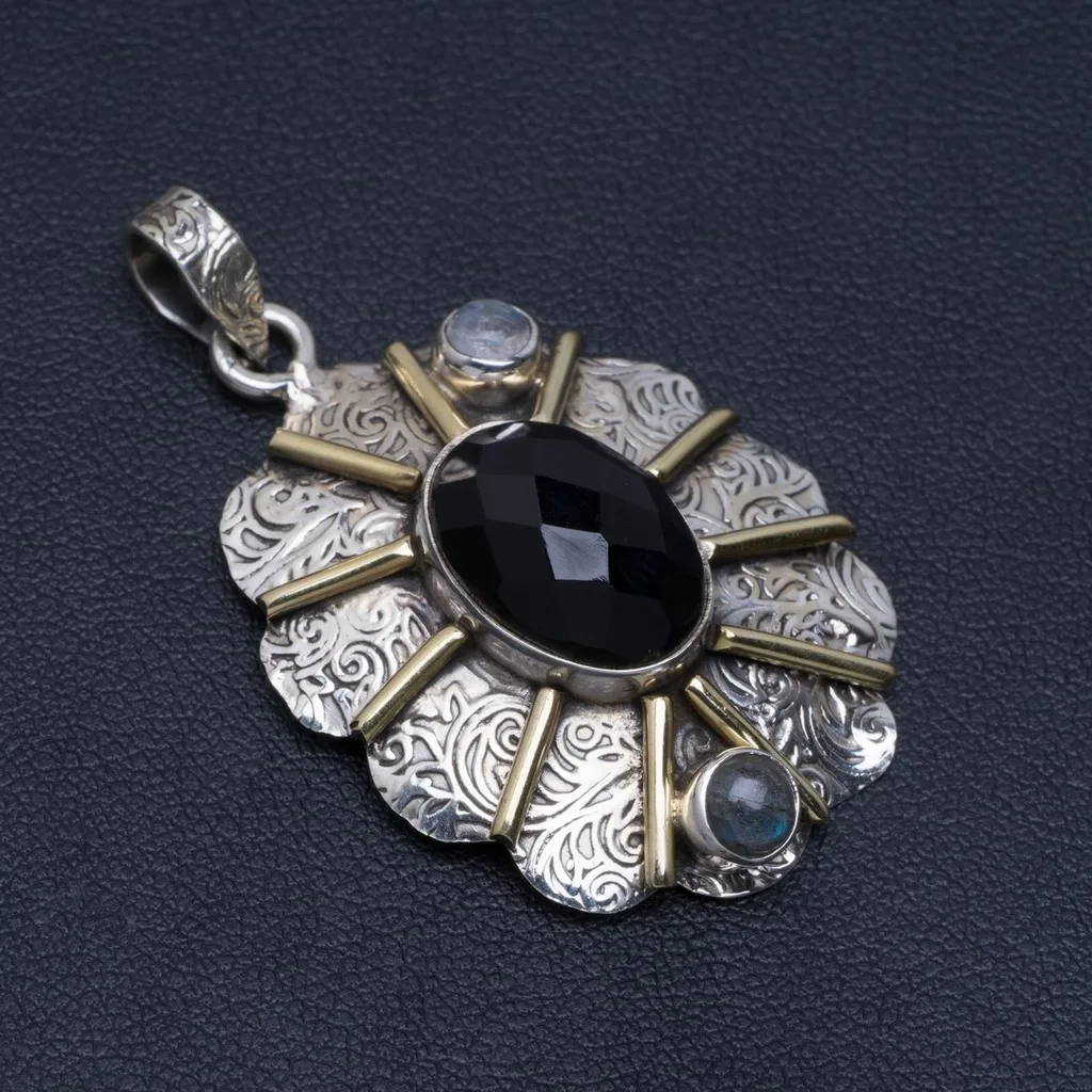 

Natural Black Onyx,Moonstone and Blue Fire Labradorite 925 Sterling Silver Pendant 1.75" A4844