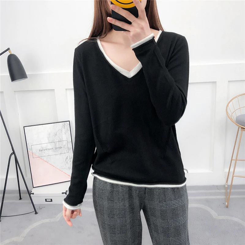 HZYRMY 2018Spring and Autumn New Women's Cashmere Sweater Fashion Loose V-neck Solid Shirts Wool Knit Pullover soft Warm Sweater