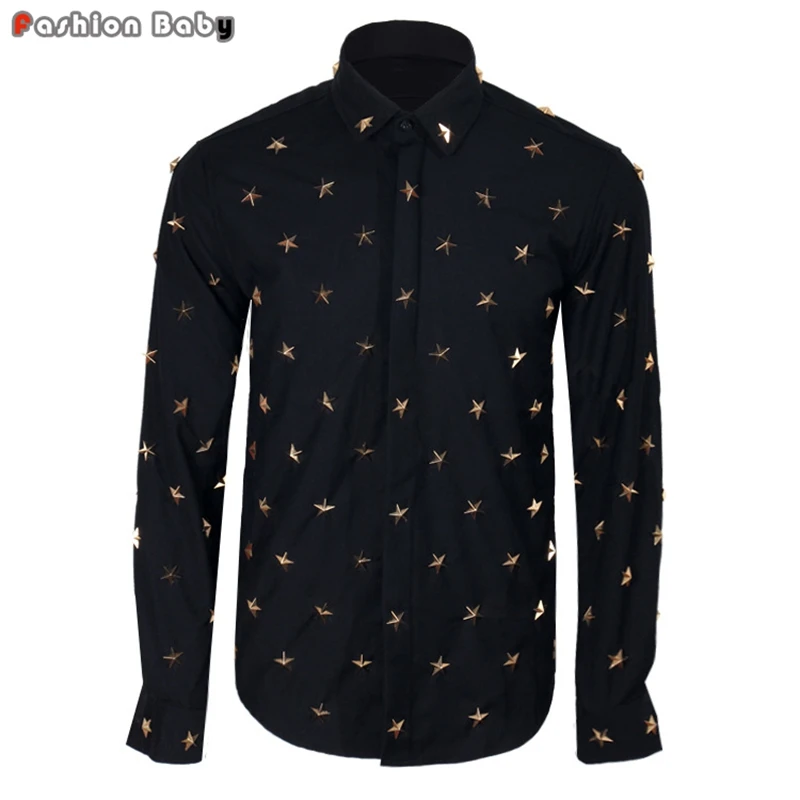 Top Quality Men's Metal Stars Rivets Long Sleeve Dress Casual Shirt