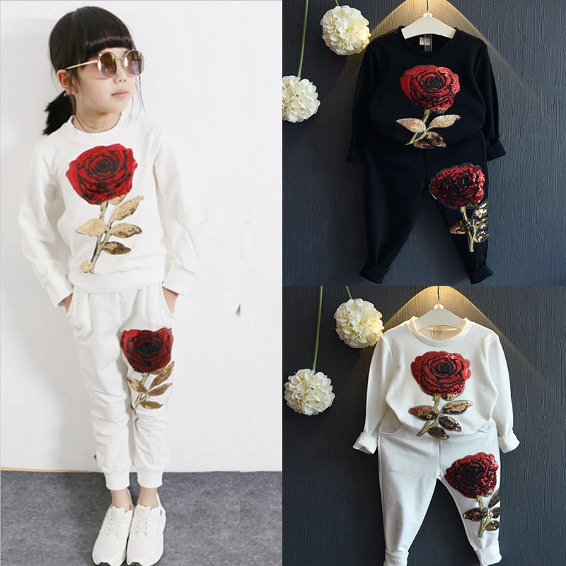 Брендовый наряд с розами для маленьких девочек из 2 предметов футболка+ длинные штаны, спортивный костюм повседневный комплект От 2 до 7 лет