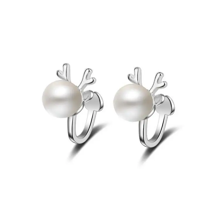 

2017 new arrival hot sell fashion Christmas Elk Imitation pearl 925 sterling silver ladies`clip earrings jewelry women gift