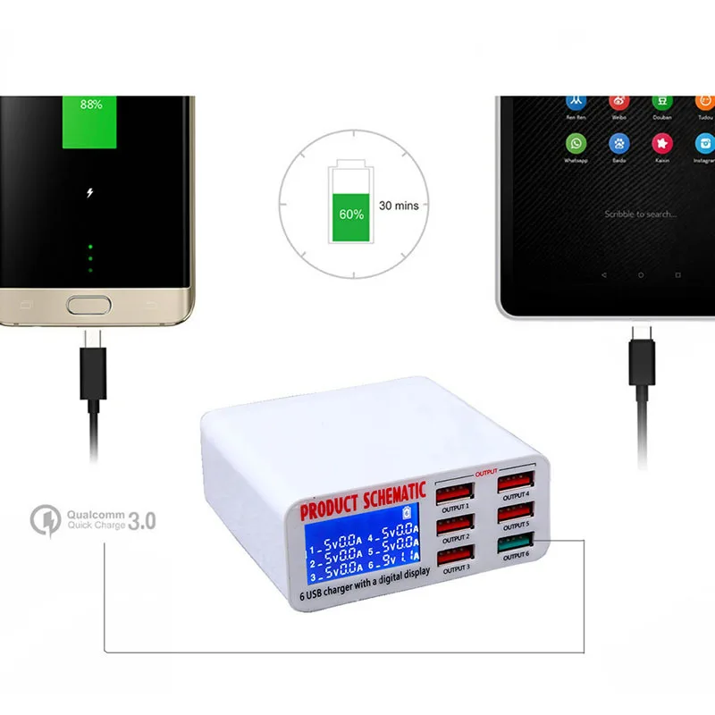 Несколько USB зарядное устройство портативное быстрое зарядное устройство 6 портов USB розетка с ЖК-дисплеем для смартфона QC 3,0 зарядное устройство