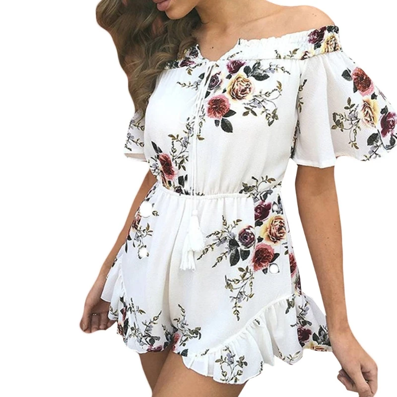 

KLV Fashion Chic Sweet Women's Summer Floral Printed Off Shoulder Short Sleeves Romper White Jumpsuit S/M/L/XL/2XL