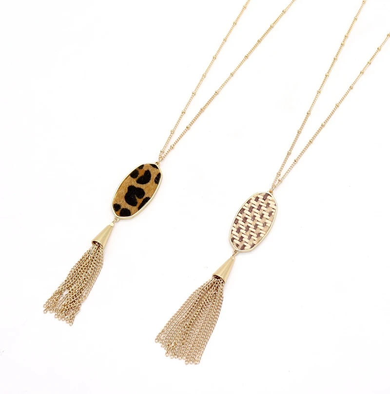 

2018 New woven straw plush Leopard sweater chain oval tassel necklaces women