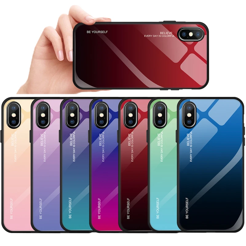 Tempered Glass Case For iPhone XS XR 7 8 X 6 6S Plus Gradient Color Blue Ray Aurora Skin Back Cover Max |