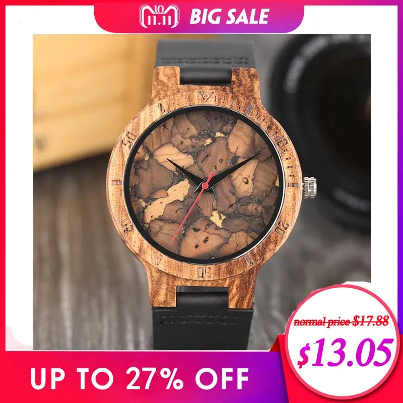 Koop Creatieve Eenvoudige Houten Horloges heren Zebra Kurk Slakken Gebroken Bladeren Gezicht Polshorloge Originele Houten Bamboe Mannelijke klok Relogio 2017