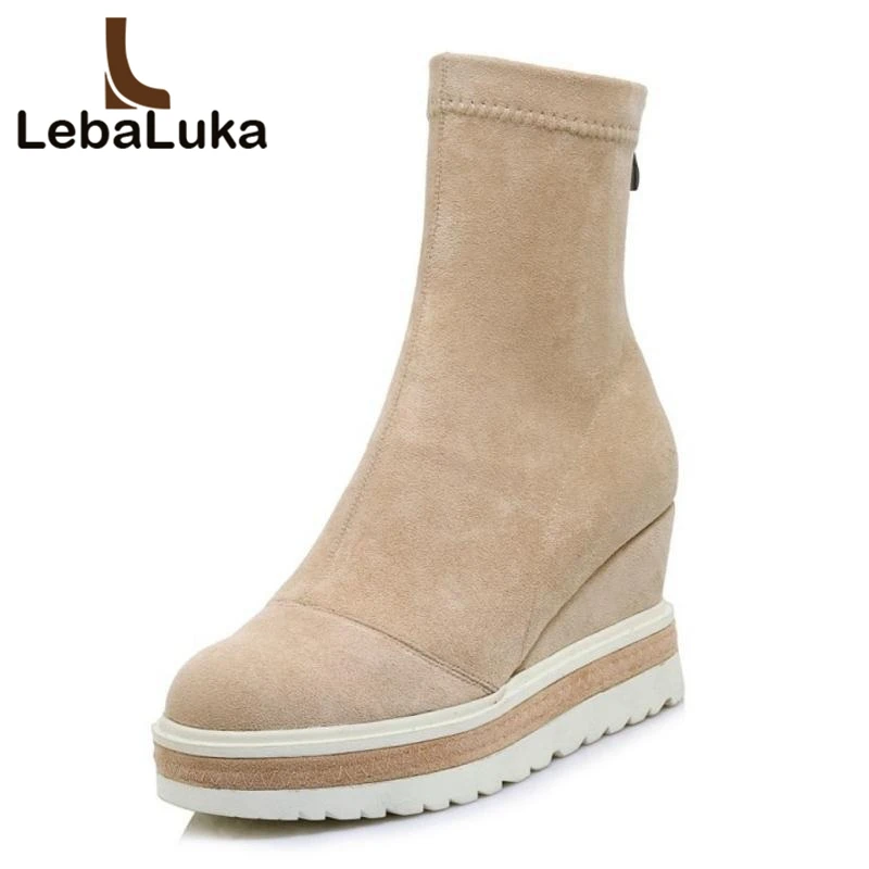 

LebaLuka Woman Real Leather Boots Wadge Shoes Half Short Shoes Women High Heel Boots Ladies Zipper Platform Footwear Size 33-40