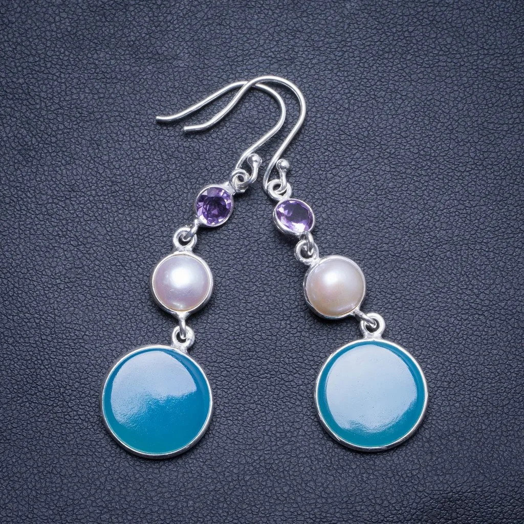 

Natural Chalcedony,River Pearl and Amethyst Handmade Unique 925 Sterling Silver Earrings 2.25" X4419