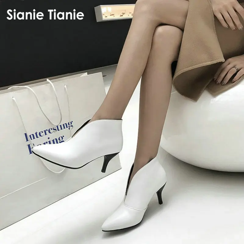 Skup Sianie Tianie 2019 wiosna zima sexy v cut czarne białe buty dla kobiet buty na cienkich wysokich obcasach pompy buty kobieta kostki rozmiar butów 33 43