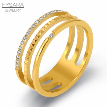 

FYSARA Hollow Three Layer Gear Micro Crystals Ring Fashion Female Ring Titanium Steel Trendy Finger Rings Wedding Jewelry
