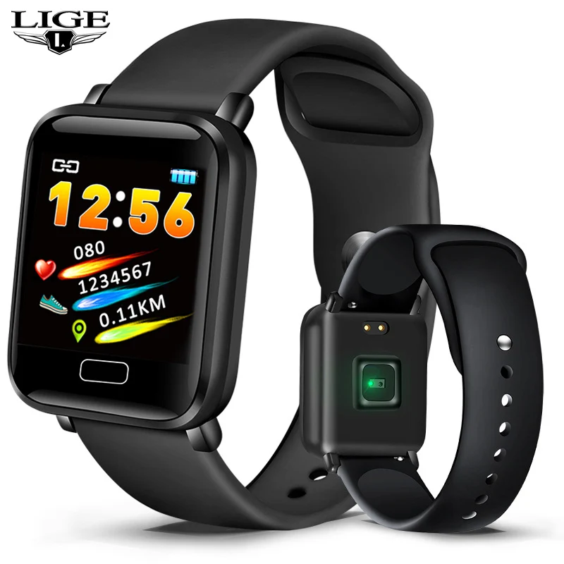 LIGE спортивный умный Браслет пульсометр монитор кровяного давления умный фитнес-браслет часы Шагомер Смарт-браслет для Android IOS - Цвет: black