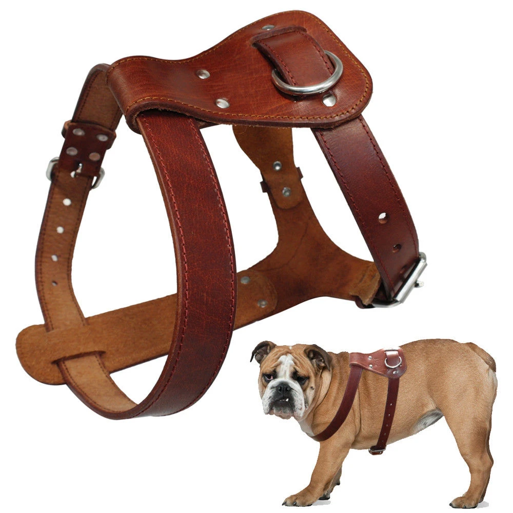 Genuine Leather Dog Harness Brown Real Leather Dogs Walking Training Vest Adjustable Straps