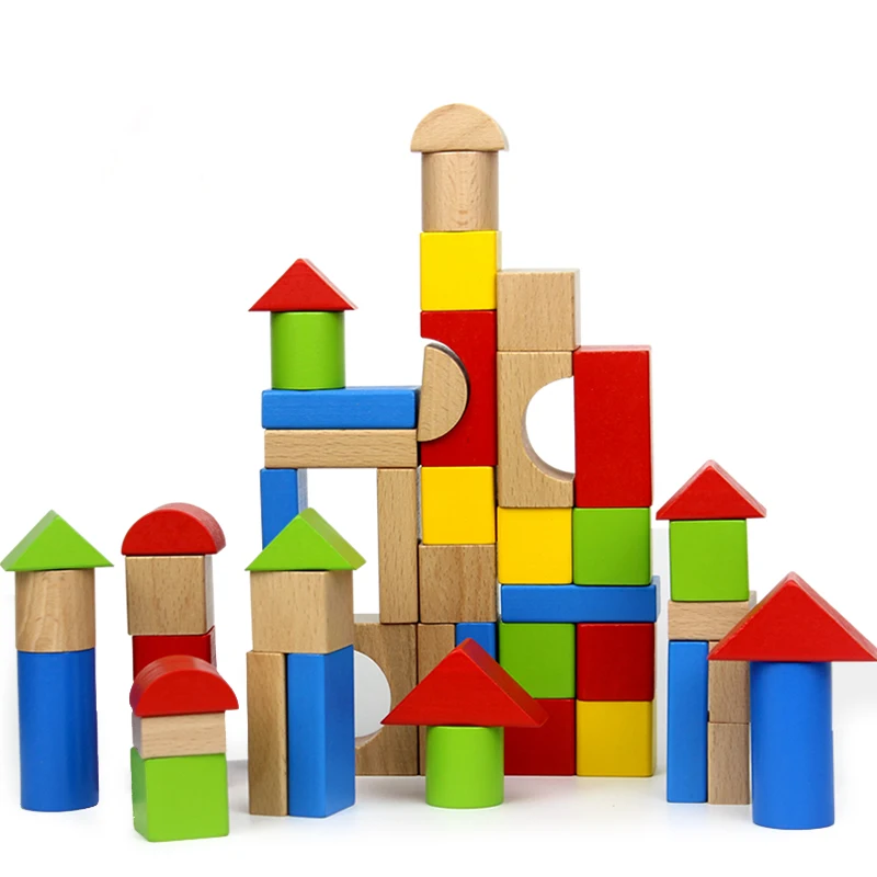 50pcs Multicolored Geometric Baby Wooden Blocks Toys - Beech Wood Assembling Building Block Set for Learning & Education - Unisex Toddlers image 5