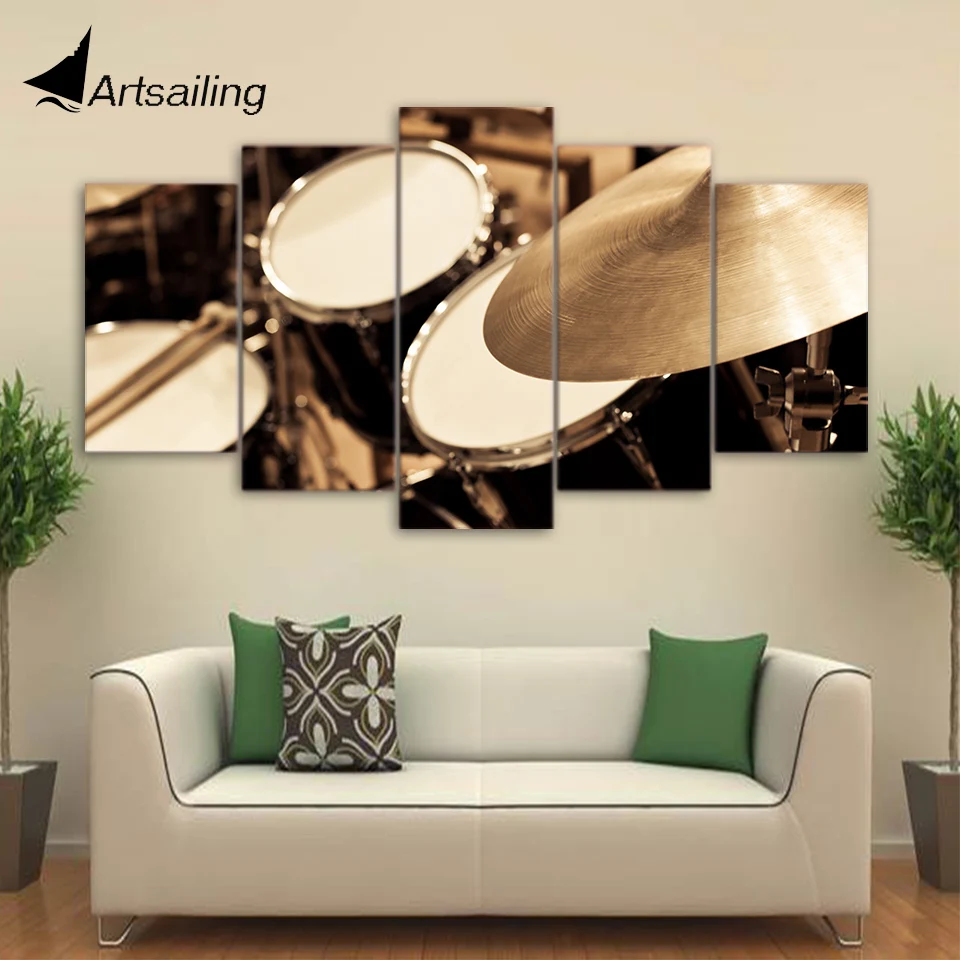 5 Piece Canvas Art HD Printed Classical Drum Painting Music Instrument