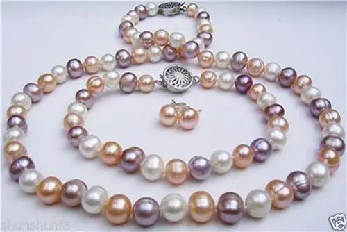 

hot Fast shipping + June pearl set 7-8mm multicoloured pearl necklace 18" Bracelet 7.5"earring (A0516) -Bride jewelry free shipp