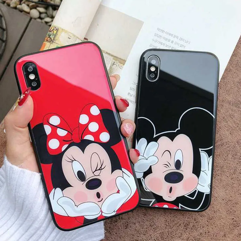 

For iPhone 6 6S 7 8 Plus XR X XS Max 11 Pro MAX Phone Case TPU Tempered Glass Cartoon Comic Mouse Fundas Cover For iPhone 7 Case