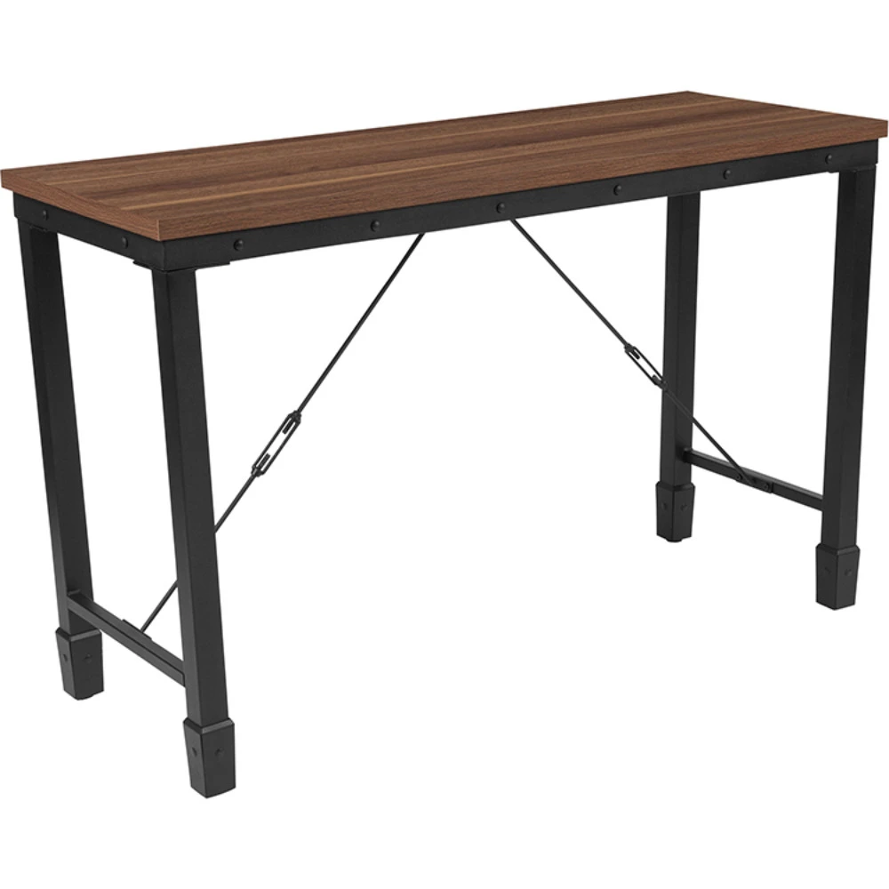 Rustic Walnut Finish Console Table with Industrial Style Steel Legs