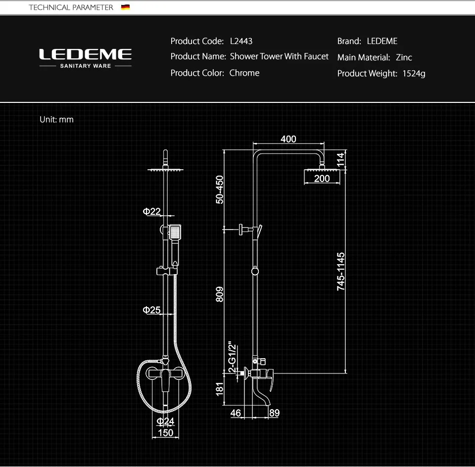 LEDEME Штанга со смесителем и тропическим душом латунь Цвет: хром L2443