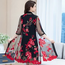 Новинка, Женская длинная куртка с цветочной вышивкой, летний сетчатый кардиган, повседневное тонкое пальто с длинными рукавами, Женская винтажная пляжная одежда, 5XL