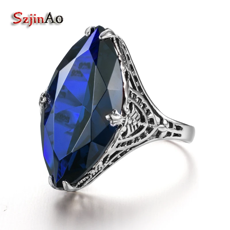 

Szjinao New Brand Women Big Sapphire Flower Ring Wedding Real Pure 925 Solid Sterling Silver Vintage Party Handmade Fine Jewelry