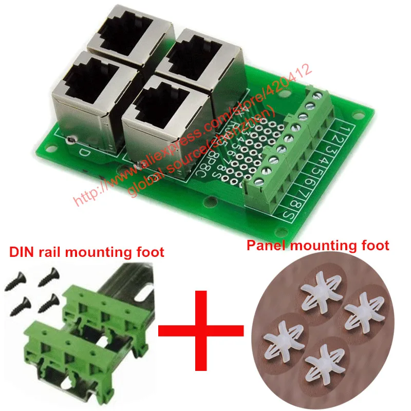 

RJ45 8P8C Jack 4-Way Buss Breakout Board, Terminal Block, Connector