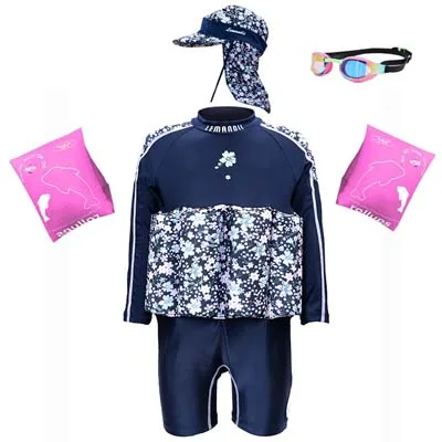 Плавающий купальный костюм съемный плавающий тренировочный купальный костюм для маленьких детей купальный костюм для мальчиков и девочек, купальный костюм, кепка, очки для плавания - Цвет: Black blue floral