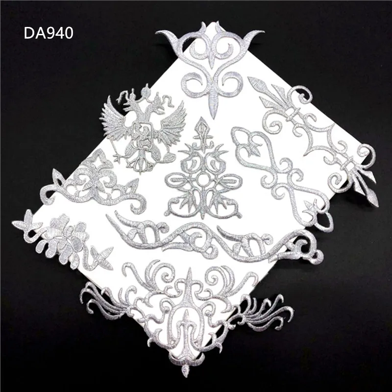

5Pcs retro manystyle silver Patches Stickers Ironing on clothes DIY Badges Embroidered Lace Applique For DIY Wedding Dress DA940