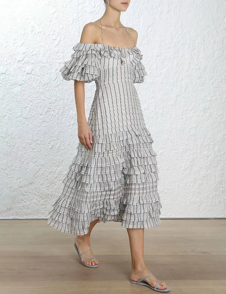 Robes Plis Bouffantes Rayé Manches Encolure Longues Peint Coeur Eté Évider Femmes Pour Printemps Robe Gray Midi Gris 1B7HqT