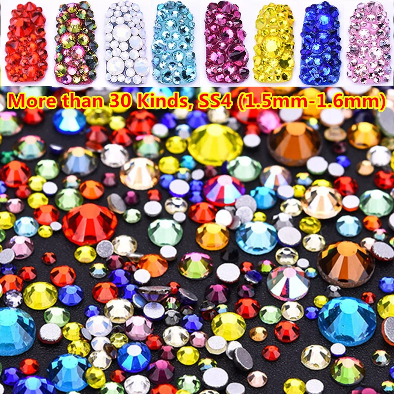 

30 Colors 1440pcs ss4 Flatback Strass Crystal No Hotfix Nail Jewelry in Nail Rhinestones Gold Non Hotfix Nail Art 3D Decorations