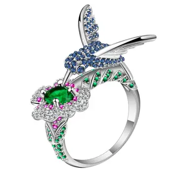 

UFOORO Cute Hummingbird Collecting Honey Blue Zircon Bird Charm Green Flower Ring For Women Jewelry Silver Beautiful Animal Ring
