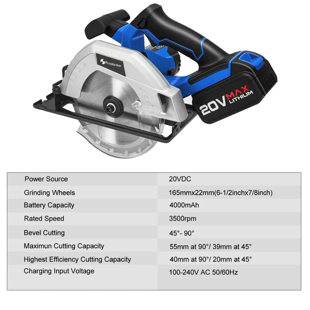 PROSTORMER 20V электрическая циркулярная деревообрабатывающий 165 мм(в самом широком месте для дерева 4000 мА/ч, циркулярная пила инструменты для резки по дереву, 55 мм Cuttiing глубины
