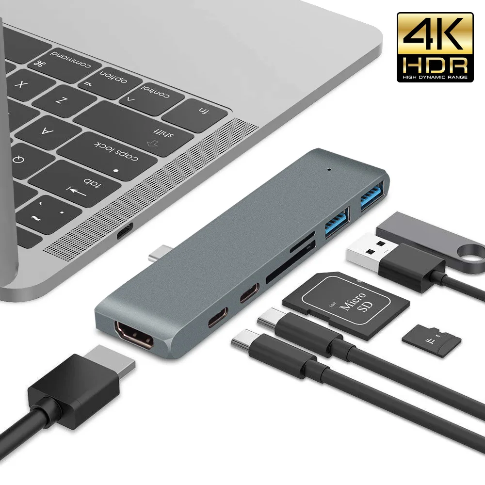  USB C Hub Aluminum Multi Adapter with 4K HDMI SD Card Reader Type-C Charging Port USB 3.0 Hub 7 in 